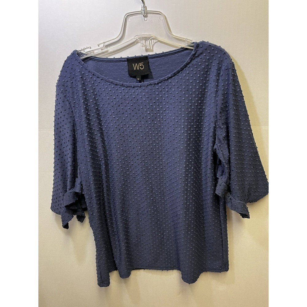 W5 Womens Blouse Top Blue Dotted Swiss Bat Sleeve With Ruffle Scoop Neck Sz M